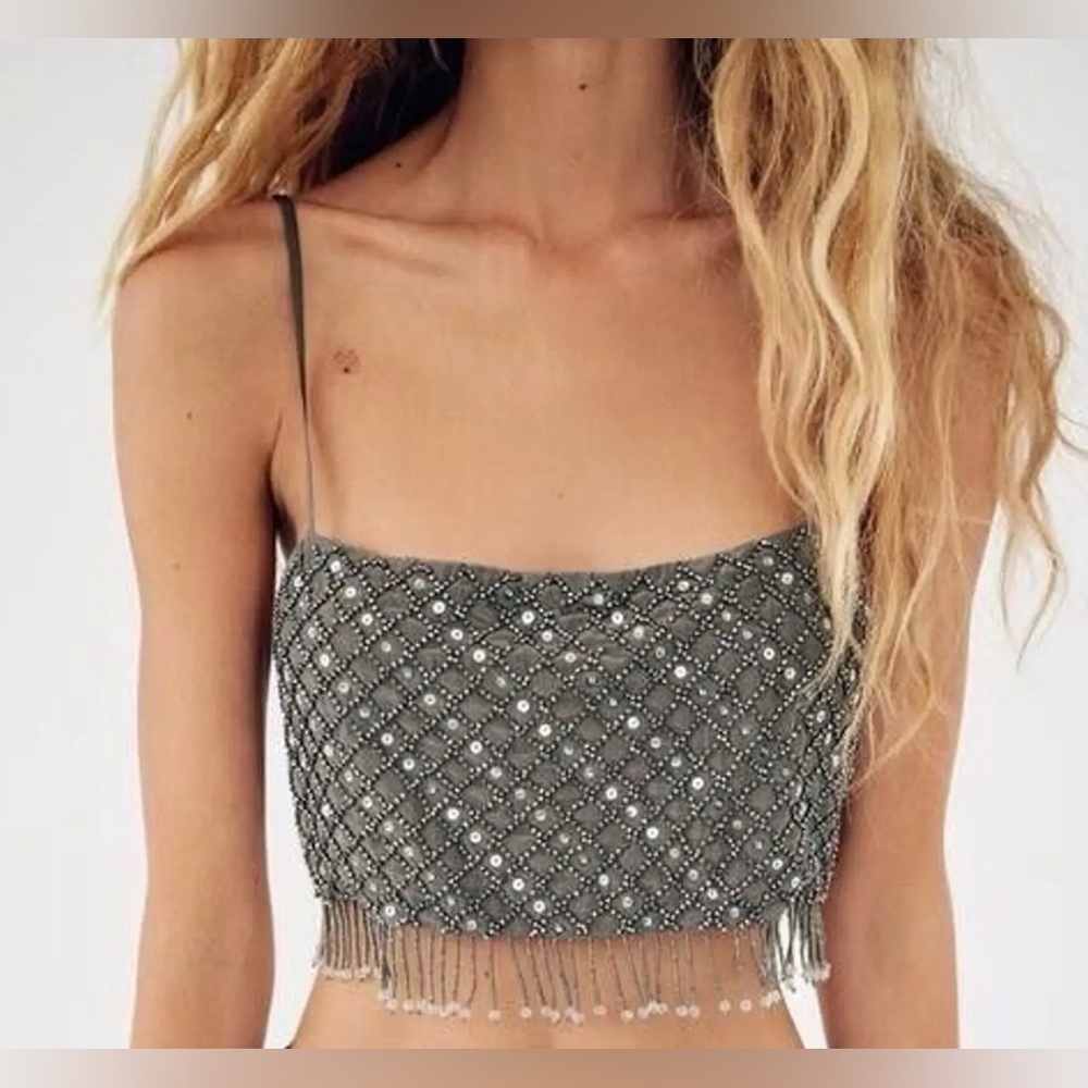 Beaded Fringe Crop Cami Top - Gray